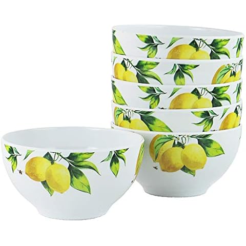 Reston Lloyd Fresh Lemons, 6pc Melamine Cereal/Soup Bowl Set, White, Lemon, Green, 2 Cups Cover