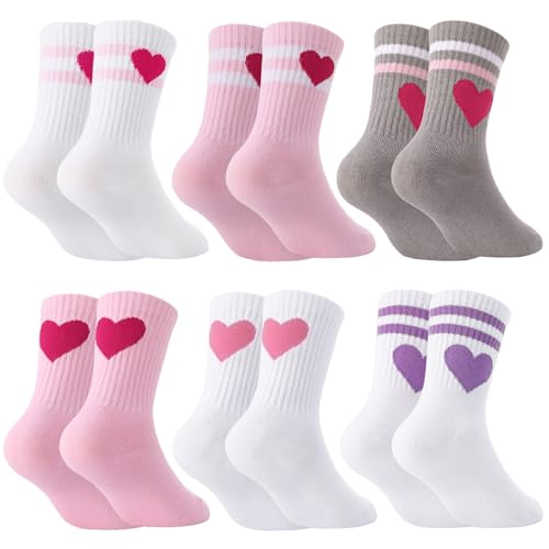 Utensilsto 6 Paar Herz Tennissocken für Mädchen Sportsocken Kinder 27-31 Tennis Socken mit Herz Crew Socks Laufsocken Sport Socken for Kinder
