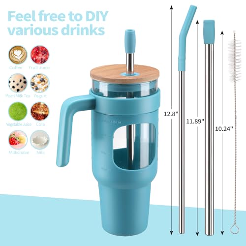 SIEROZUR Glass Tumbler with Lid and Straw 40 oz Coffee Tumbler with Handle Glass Water Bottles with Silicone Sleeve Glass Cup with Straws - Boba Straw & Drinking Straw BPA Free by SIEROZUR - Image 3