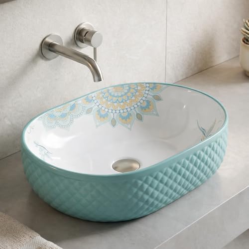 Image of BASSINO 20x14x6 Inches Designer Hand Painted Table Top Wash Basin /Oval-Oblong Counter Top Washbasin Premium Ceramic Bathroom Sink /Artistic Luxury Basin /Tabletop Basin /Home-Hotel(Glossy White & Blue)