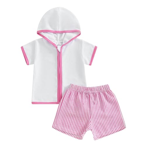 Baby Infant Boys Girls Beach Swim Cover up Shorts Sets 2 Piece Short Sleeve Hooded Zipper Swim Tops and Athletic Pants