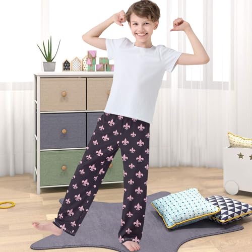Boy's Pj Pants Pink Black Fleur De Lis Lounge Bottoms Elastic Waist Kids Joggers with Pockets Size 6-144