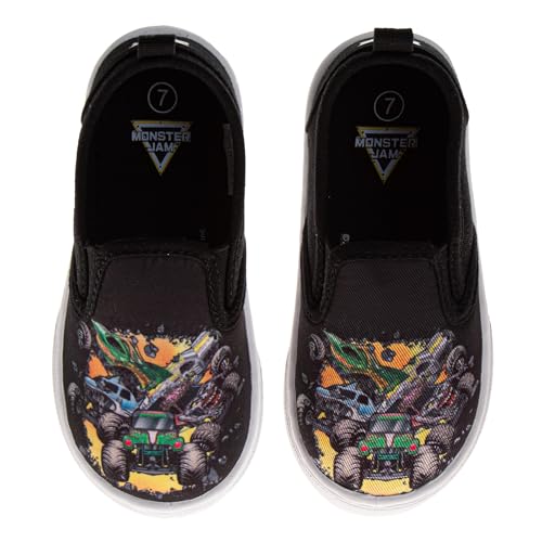 MonsterJam Lowtop Canvas Shoes - Monster Trucks Gravedigger El Toro Loco Megalodon Sneakers - Black (Size 10 Toddler)