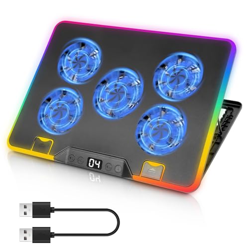 PopuLike Laptop Cooling Pad with 5 Fans, Metal Panel Laptop Cooler with RGB, Cooling Stand for 11-17.3 Inch Notebook Computers with 7 Adjustable Heights, 4-Speed Fan Control, LED Display, 2 USB Ports