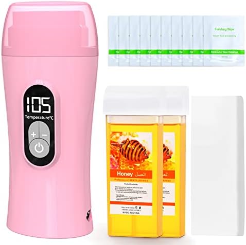 Roll on Wax Kit, Demine Honey Wax Roller Waxing Kit for Hair Removal, Soft Depilatory Wax for Sensitive Skin, Portable Digital Roll-On Wax Warmer for Women & Men with 2 Cartridge Refill 10 Wax-removing wipes and 100pcs Wax Strips(Pink)