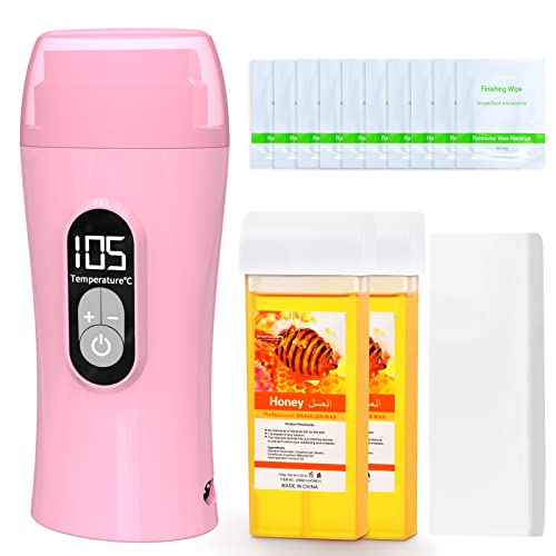 Roll On Wax Kit, Demine Honey Wax Roller Waxing Kit For Hair Removal, Soft Depilatory Wax For Sensitive Skin, Portable Digital Roll-On Wax Warmer For Women & Men With 2 Cartridge Refill 10 Wax-Removing Wipes And 100Pcs Wax Strips(Pink) #TOP3