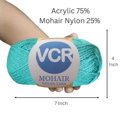 Image of VCR Mohair Nylon Blue Green Yarn, 100 Grams Hank, 196 Meters Length, Acrylic 75%, Mohair Nylon 25%, Pack of 1 Yarn, Soft Crosia Threads, Suitable for Winter Garments.