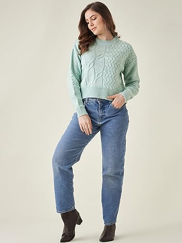Image of Modeve Self Design Round Neck Casual Women Crop Top Sweater||Winterwear||