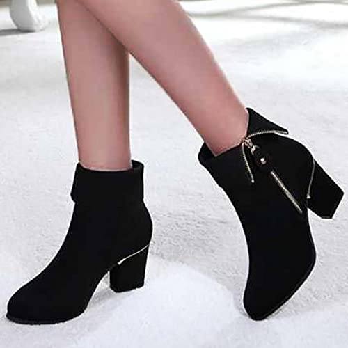 Hbeylia Dress Boots For Women Ladies Fashion Glitter Rhinestones Flip Zippered Suede Round Toe Chunky Block High Heels Ankle Booties Dressy Pump Winter Fall Short Boots For Bride Wedding Banquet Party #TOP1