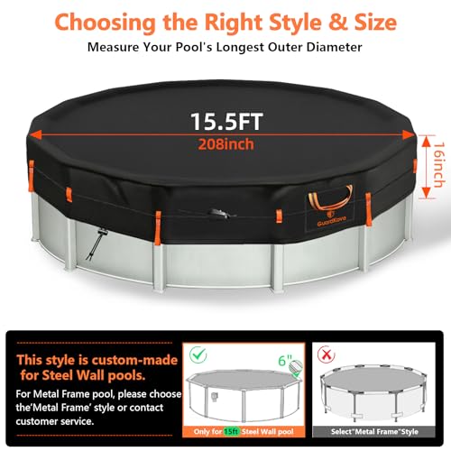 15.5Ft Round Pool Cover [2026 Upgraded Super Windproof Design] - 500D One-Piece Tear-Resistant Pool Covers for 15Ft Above Ground Steel-Wall Pools with Tightening Ratchet, Drawstring and Ground Nails