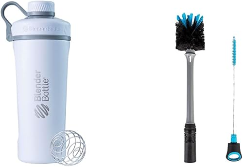 BlenderBottle Radian Shaker Cup Botella de agua aislada de acero inoxidable con batidor de alambre, 26 onzas, blanco mate y botella 2 en 1 y cepillo