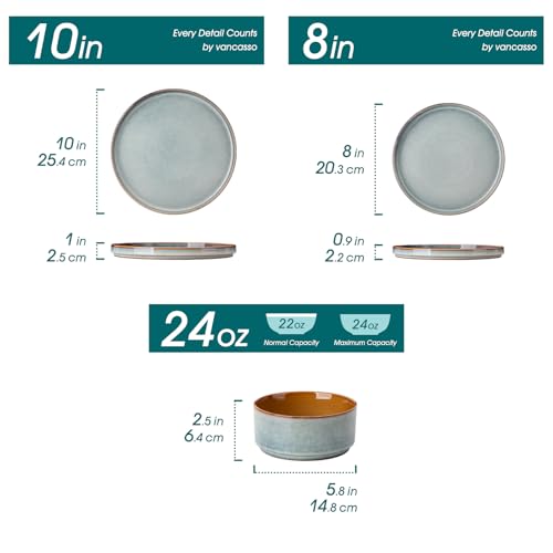 Image of vancasso ONION Ceramic Plates and Bowls Sets, 12 Pieces Light Blue Dinnerware Sets for Kitchen, Reactive Glaze Dishes Set for 4, Dishwasher and Microwave Safe