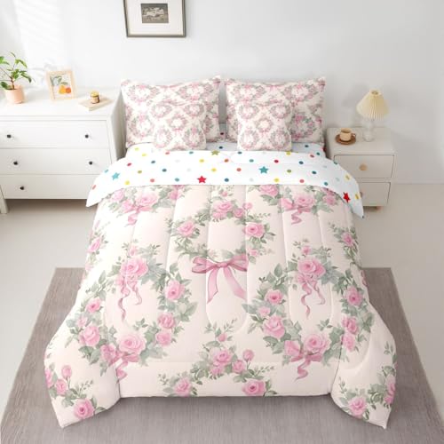Image of Pink Bow Bed in a Bag Queen Comforter Set 7 Piece | Romantic Rose Bedding Sets Dreamy Boho Floral Comforter and Sheet Set, Princess Bowknot Bed Sets,Cute Room Decor Aesthetic Kawaii