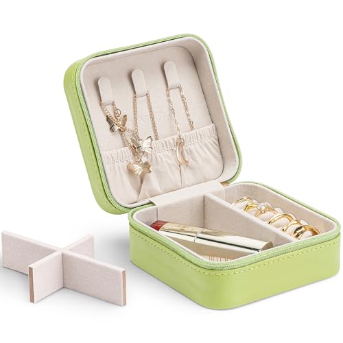 Vlando Small Faux Leather Travel Jewellery Box Organizer Display Storage Case for Rings Earrings Necklace without Mirror,Green B.Necklace Light Green