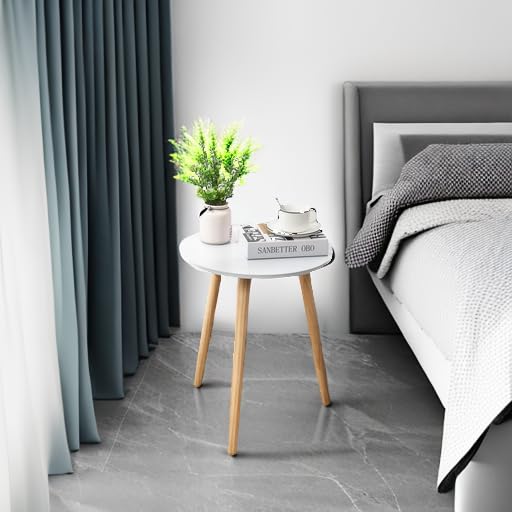 Apicizon Round Side Table, White Bedside Table Coffee End Table for Bedroom, Living Room, Small Spaces, Easy Assembly Nightstands with Natural Wood Legs, 16.5 x 20.5 Inches by Apicizon - Used condition - Image 3