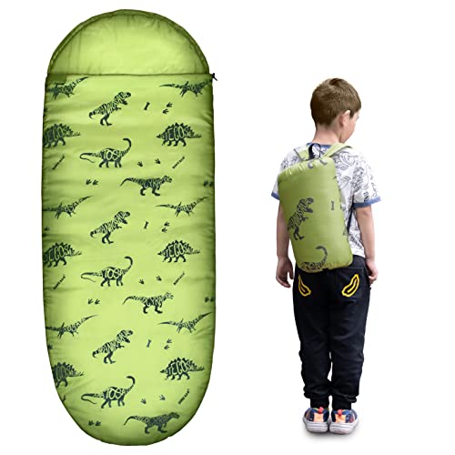 Rioyalo Kids Glow-In-The-Dark Dinosaur Sleeping Bag For Boys Camping Hiking - Machine Washable, Durable, Waterproof, Lightweight - Slumber Bag & Backpack 2 Pc Gift Set - Age 3-10 | 58" L X 27" W #TOP1
