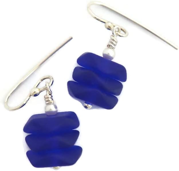 Olas del océano azul marino plata de ley pendientes colgantes de cristal de mar real oscuro azul cobalto perla moderna joyería de playa para mujeres