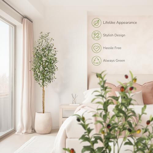 GarveeHome Faux Olive Tree 7ft,Tall Artificial Tree Indoor with 2 Natural Wood Trunks, Fake Plants Potted in White Planter, Floor Plants for Living Room House Decor,2PCS
