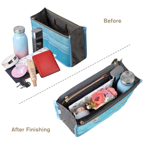 Vercord Purse Organizer Insert for Handbags Bag Organizers Inside Tote Pocketbook Women Nurse Nylon 13 Pockets Blue Small