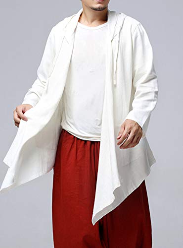 LifeHe Men\'s Cotton Linen Hooded Kimono Cardigan Curved Hem Jacket Coat (White, One Size) - Thumbnail 2