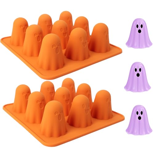 2 Packs Ghost Silicone Molds Non-Stick 9-Cavity Cute Ghost Chocolate Molds Mold for Jelly Gummy Candy Pudding Ice Cube Resin Baking Cake Halloween Party Decorations