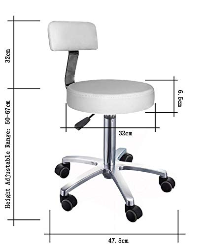 Taburete Giratorio Blanco con Respaldo, Altura Ajustable (50–67 cm), Base Cromada de 5 Ruedas, Tapizado en PU Antimanchas, Silla Ergonómica para Oficina, Estética o Hogar