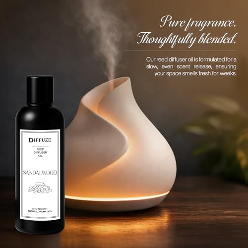 Image of DIFFUZE Sandalwood Essential Oil Reed Diffuser Refill with 10 Fibre Reed Sticks | Warm Woody Aroma Oil | Diffuser Oil for Home Fragrance | Fragrance Oil for Home
