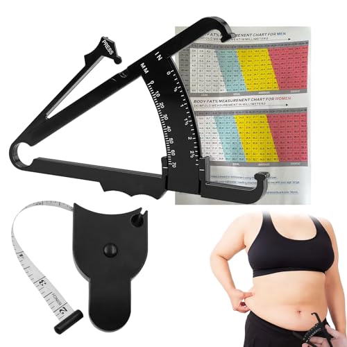 2 PCS Body Fat Calipers, Body Fat Measurement Tool and Body Measuring Tape with User Manual, Portable Accurate Black Fat Tape Measure Tool Set for Women & Men Weight Loss BMI Measurements (Black)