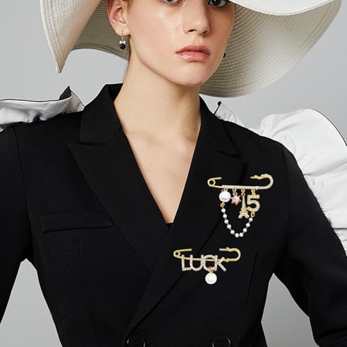 Image of 2 Pcs Vintage Number 5 Lapel Pins and Fashion Chain Brooch Imitating Rhinestone Crystal Brooch Pin
