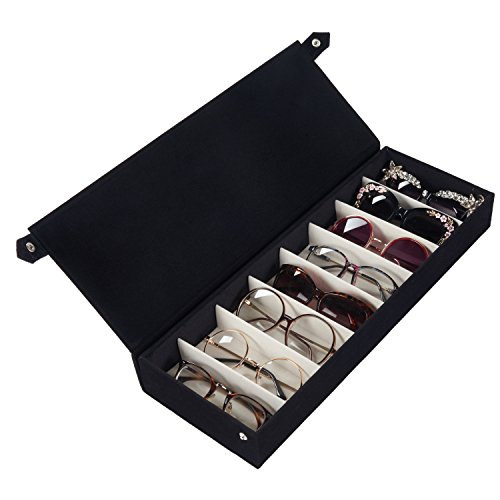 Moldiy Sunglasses Storage Boxes, Black Suede Fabric Sunglass Display Box,Eyeglasses Eyewear Organizer Display Storage Case - 8 Slots