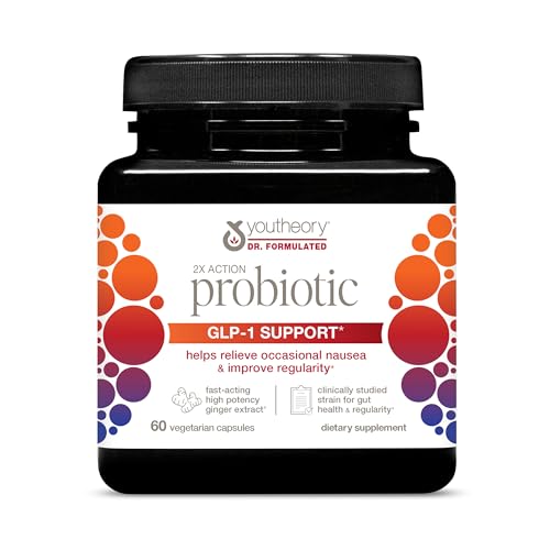 Youtheory 2X Action Probiotic - 60 Capsules (60 Day Supply) - GLP-1 Support for Intestinal Comfort & Immune Health* - Clinically Studied Probiotic & Prebiotic Fiber - Fast-Acting Ginger Extract*