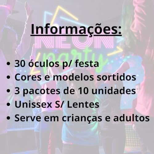 30 Óculos Neon de Festa Brilha na Luz Negra Modelos e Cores Variados Sem Lentes