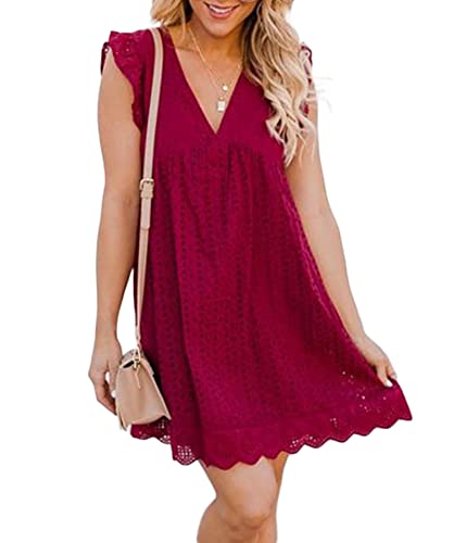 Image of Women's Summer Dress with Built in Shorts Sexy Summer V Neck Ruffle Sleeve Lace California Romper Dresses for Women