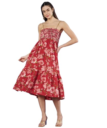 Image of COTLAND Fashions Breathable Cotton Printed A-Line Midi Dress for Women