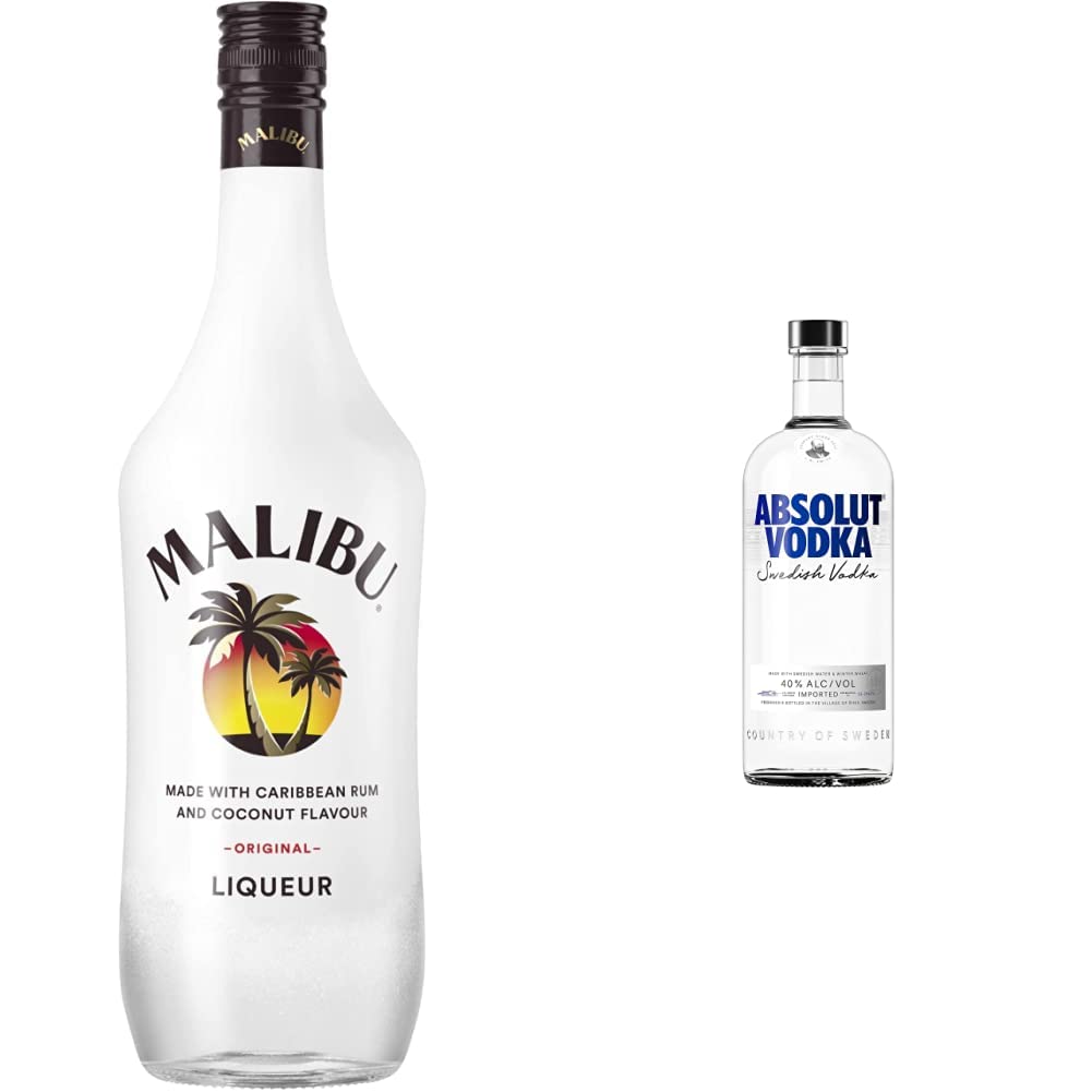 Malibu Coconut Rum - 1 L & Absolut Vodka, Vodka svedese, Grano e acqua di Ahus, Senza zuccheri aggiunti, 40% Vol., 1 Lt