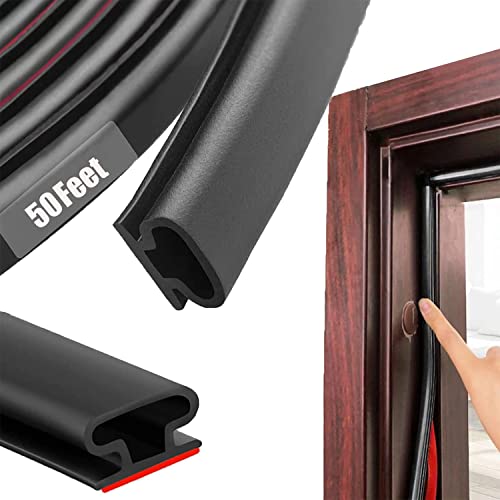 Black Rubber Weather Stripping D Shape Door Rubber Weather Seal Strip Self Adhesive Door Stripping Soundproofing Door Seal Strip for Window (50ft, Black)
