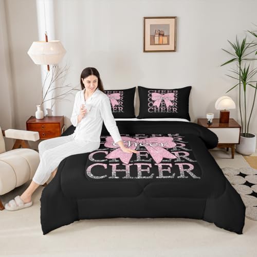Image of Feelyou Cheer Bow Bedding Set Soft for Boys Girls, Cheerleader Comforter Set King Size Funny Sport Duvet Quilt Microfiber Light Pink Bedroom Decor 3 Pcs with 2 Pillow Cases