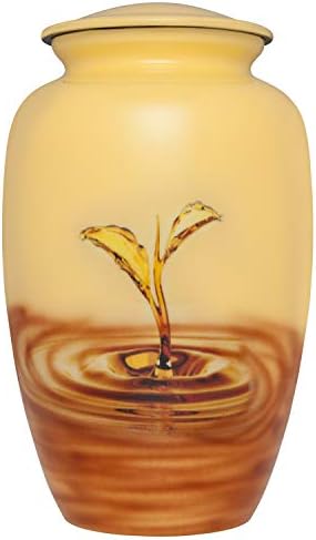 Flower cremation urn with sprouts emerging from a lake - Yellow Funeral Urn for Human Ashes - Hand Made in Aluminum - Suitable for Cemetery Burial or Niche - Large Size fits remains of Adults
