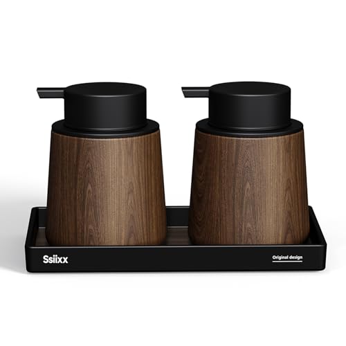 Woodgrain Hand Soap Dispenser Set-2 Pack with Tray 10.5 oz Mid-Century Modern Countertop Bathroom Soap Dispensers with Tray Lotion Dispenser for Kitchen Plastic