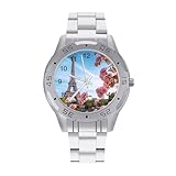 BVKWNTSA Elegante orologio da polso da uomo con cinturino in acciaio Torre Eiffel Parigi con fiori stampati - Elegante orologio da polso analogico al quarzo, leggero e confortevole