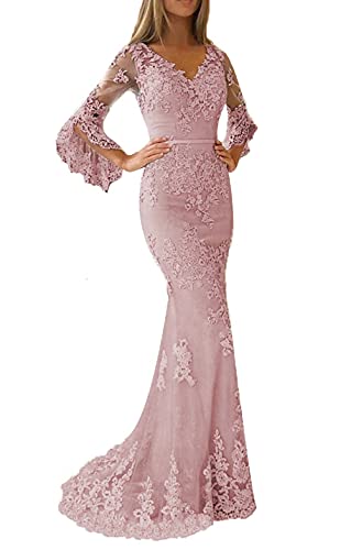Promworld Lace Applique Double V Neck Mermaid Prom Dress Flare Sleeve Evening Gowns for Women Formal Blush US10