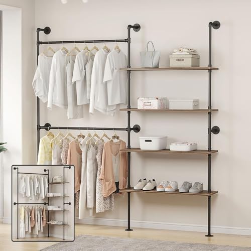 Woskar Industrial Pipe Clothing Rack, Hanging Rods Clothes Rack with Shelves, Clothes Rack for Wardrobe, Corner Closet System for Walk in Closets (Black)