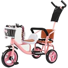Kid Stroller with Dual Seats,Children Bicycle with Removable Push Handle/Rear Seat Armrest/Storage Basket Outdoor Baby Toy Trike Bike,Pink