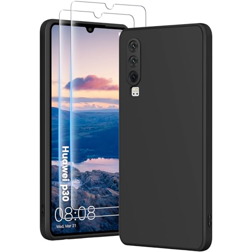 PuyaTeya 3 in 1 Hülle für Huawei p30, mit 2 Stück 9H Panzerglas Premium Liquid Silikon Hülle, mit 4-Layer stoßfeste abriebfestes, Soft Mikrofaserfutter Kratzfes Schutzhülle (Tiefschwarz)