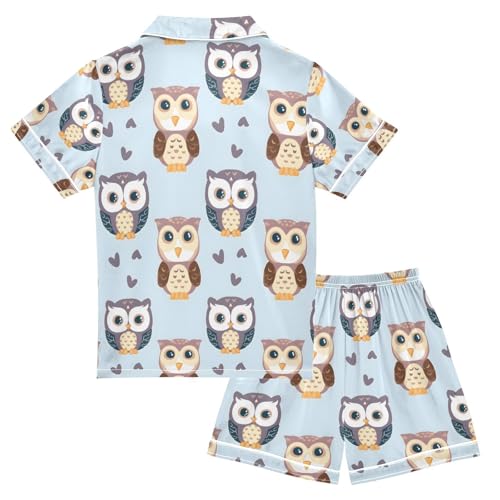 ALAZA Owl Blue Love Heart Pajamas Satin Pajama Set Short Sleeve Button Down Sleepwear2