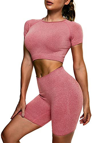 LOGEEYAR Seamless Workout Set for Women 2 Piece High Waisted Yoga Sports Shorts Tracksuits Athletic Outfits Gym Clothes Redâ€¦