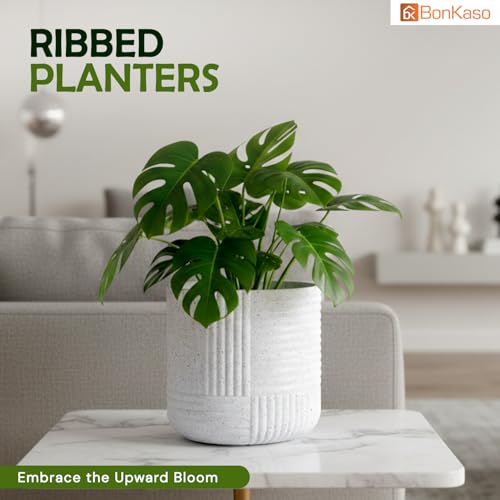 Image of Bonkaso 15 Inch Ribbed Planter Pot for Indoor & Outdoor Use | Round Heavy Duty Polymer Flower Pot | Lightweight Weather Resistant Modern Gamla for Living Room Balcony & Terrace (White)