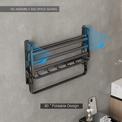 Sofinny Towel Racks For Bathroom, 24-Inch Towel Shelf With Towel Bar Foldable Towel Holder With 7 Hooks Towel Storage Organizer For Bathroom & Lavatory Wall Mounted(Matte Black) #TOP3