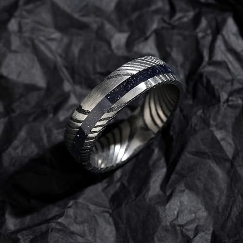 Damascus Steel Couple Rings Set 6mm and 8mm with Gold Sand Stone Inlay – Unique His and Hers Matching Bands4