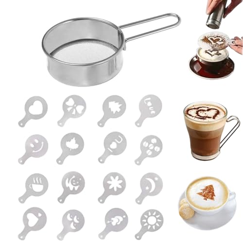 JYNVO Espolvoreador Café - 1 Tamiz de polvo de acero inoxidable + 16 Plantillas,decoraciones navideñas,para Latte Art, Tamiz Fino para Cacao, Canela, Azúcar Glas